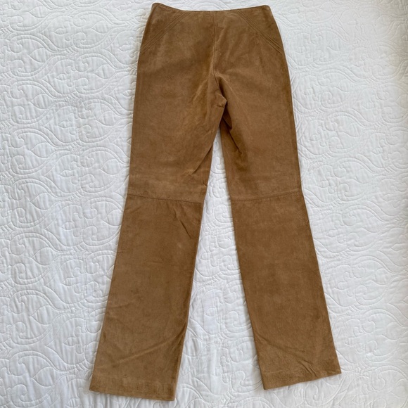 INC 100% Leather Suede Tan Flat Front Straight Leg Stitch Detail Pants WMs 2 EUC - Picture 2 of 11
